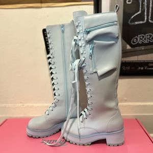 Sugar Thrillz “Obsidian” Knee High Pocket Combat Boots, Baby Blue. SOLD OUT